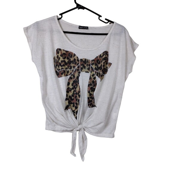 VTG Y2K Wet Seal Small Shirt Tan Brown Leopard Print Bow Knot Tie Front Beaded - Picture 1 of 6